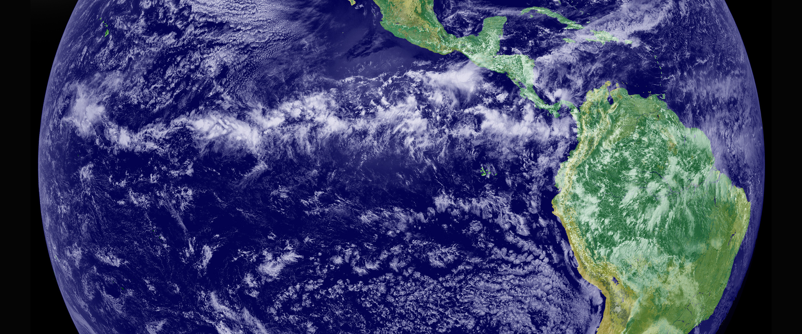 A band of clouds in the East Pacific Intertropical Convergence Zone as imaged by the geostationary GOES 11 satellite. Image credit: NASA Visible Earth, GOES Project Science Office. > High res figure